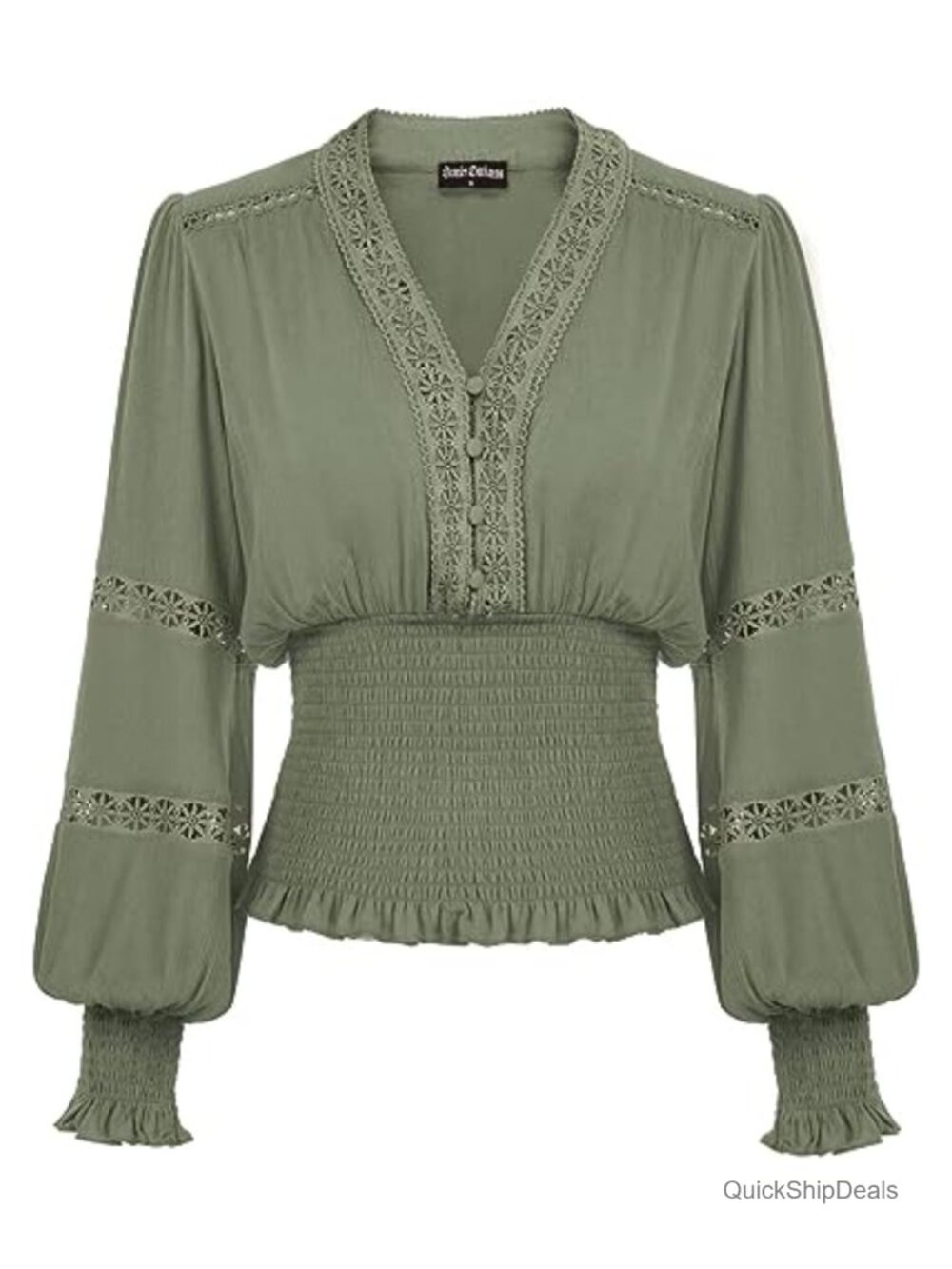 Renaissance Peasant Blouse Lace V Neck Lantern Sleeve Smocked Top